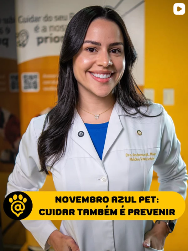 Veterinária em uma peça do Armazzem Pet sobre a campanha Novembro Azul Pet.